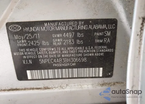 2011 Hyundai Sonata Limited 2.0T из США, поврежденный, VIN 5NPEC4AB3BH306698